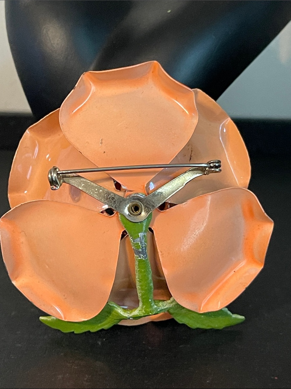 Vintage Multi-Layered Metal Peach Enamel Embossed Iridescent Flower Brooch - Picture 5 of 10